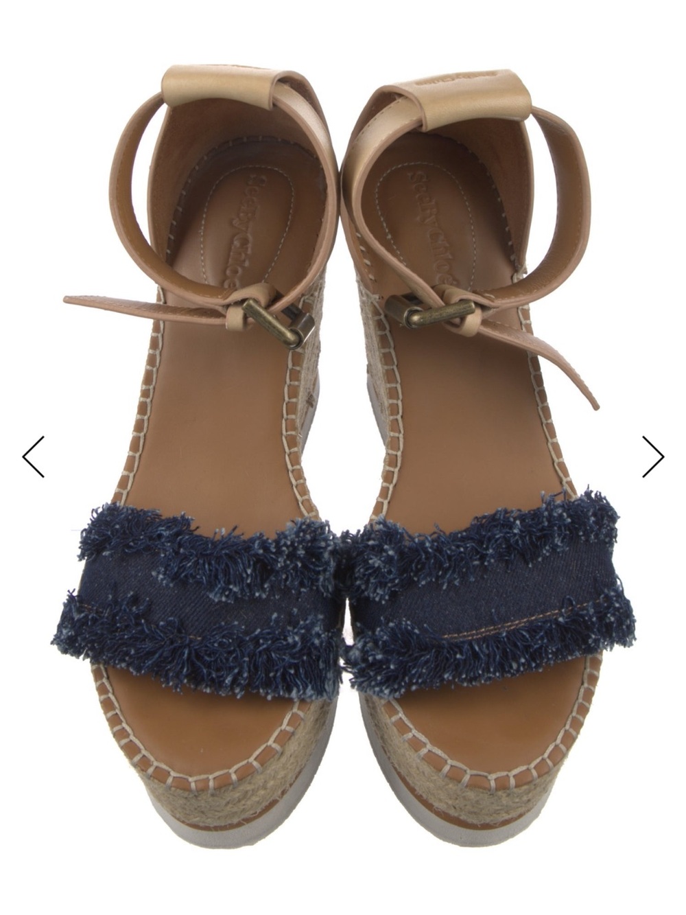 See By Chloe Navy Frayed Denim Espadrille Wedges with Tan Ankle Strap